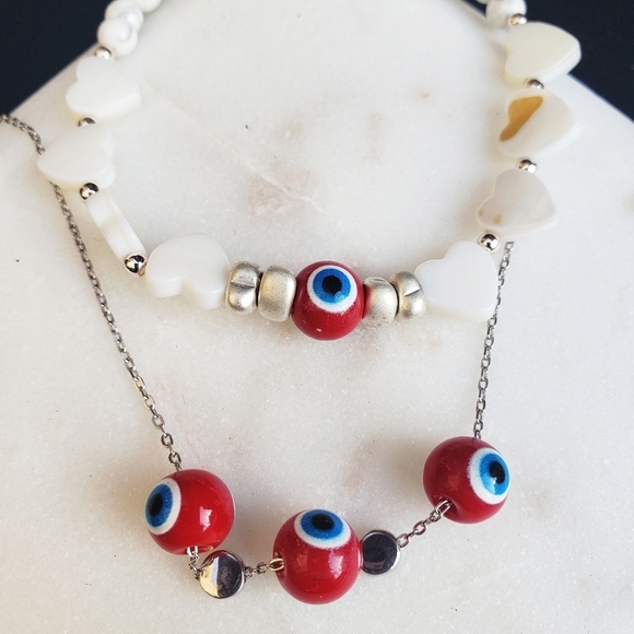 NWT 925 solid sterling silver EVIL EYE Necklace BRACELET SET PROTECTION RED BLUE - Picture 1 of 3